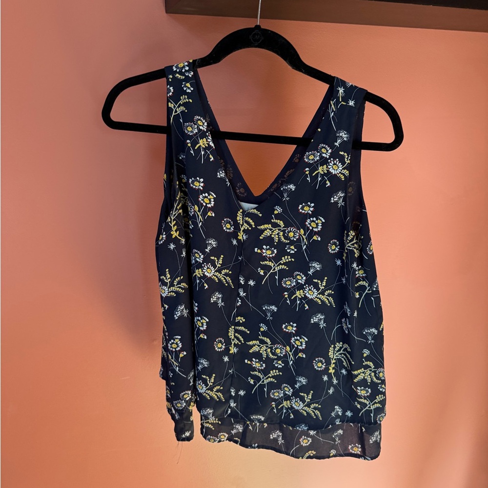 LOFT Navy Floral V-Neck Top